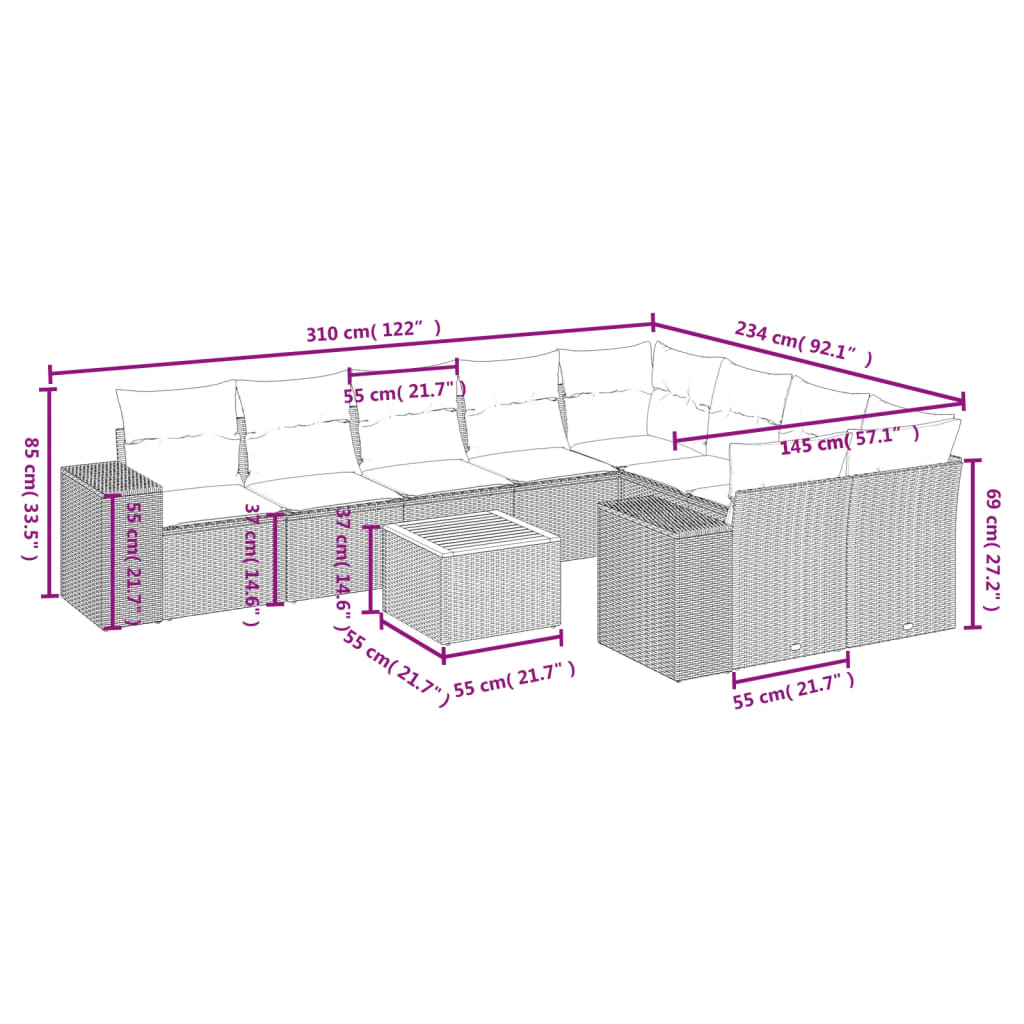 Set Divani da Giardino 10pz con Cuscini in Polyrattan Nero | homemem39