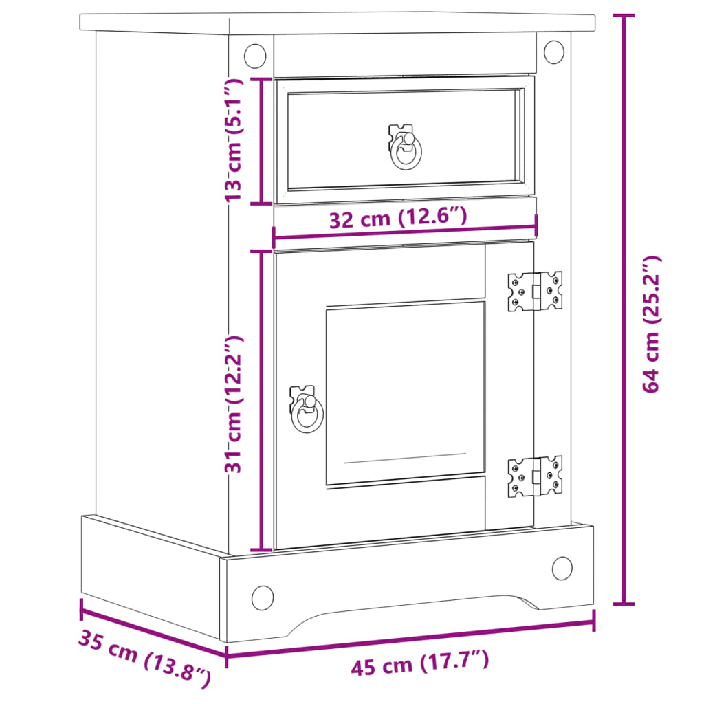 Comodino Corona 45x35x64 cm in Legno Massello di Pino