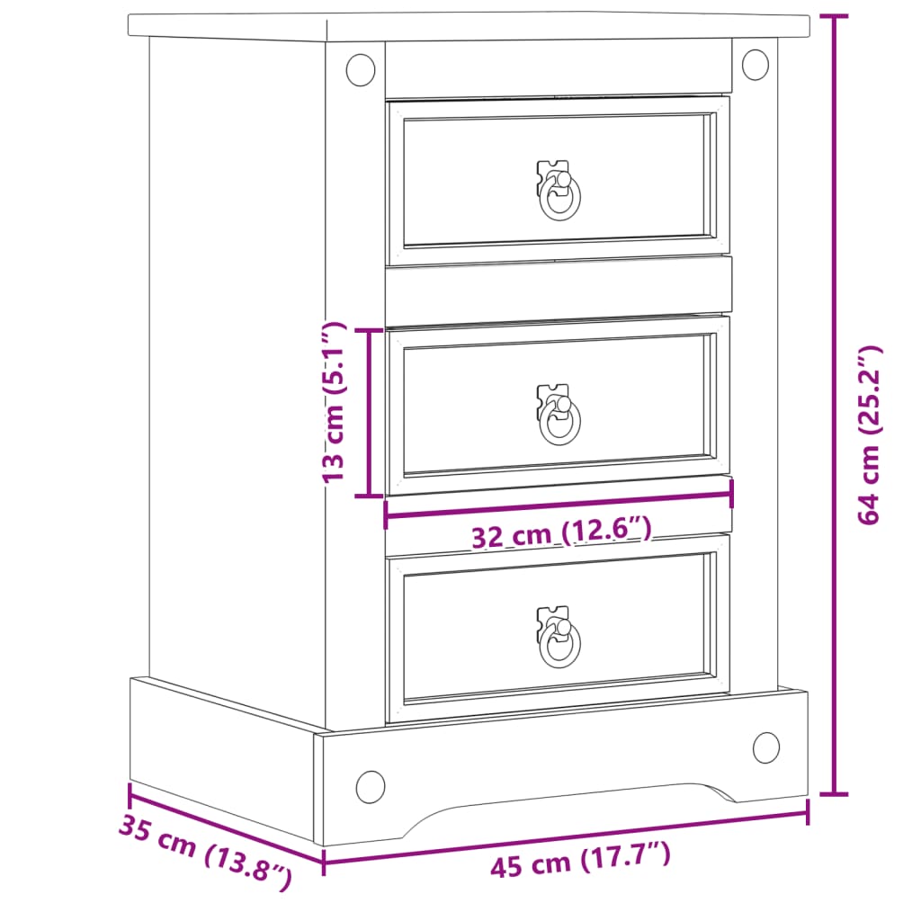 Comodino Corona 45x35x64 cm in Legno Massello di Pino