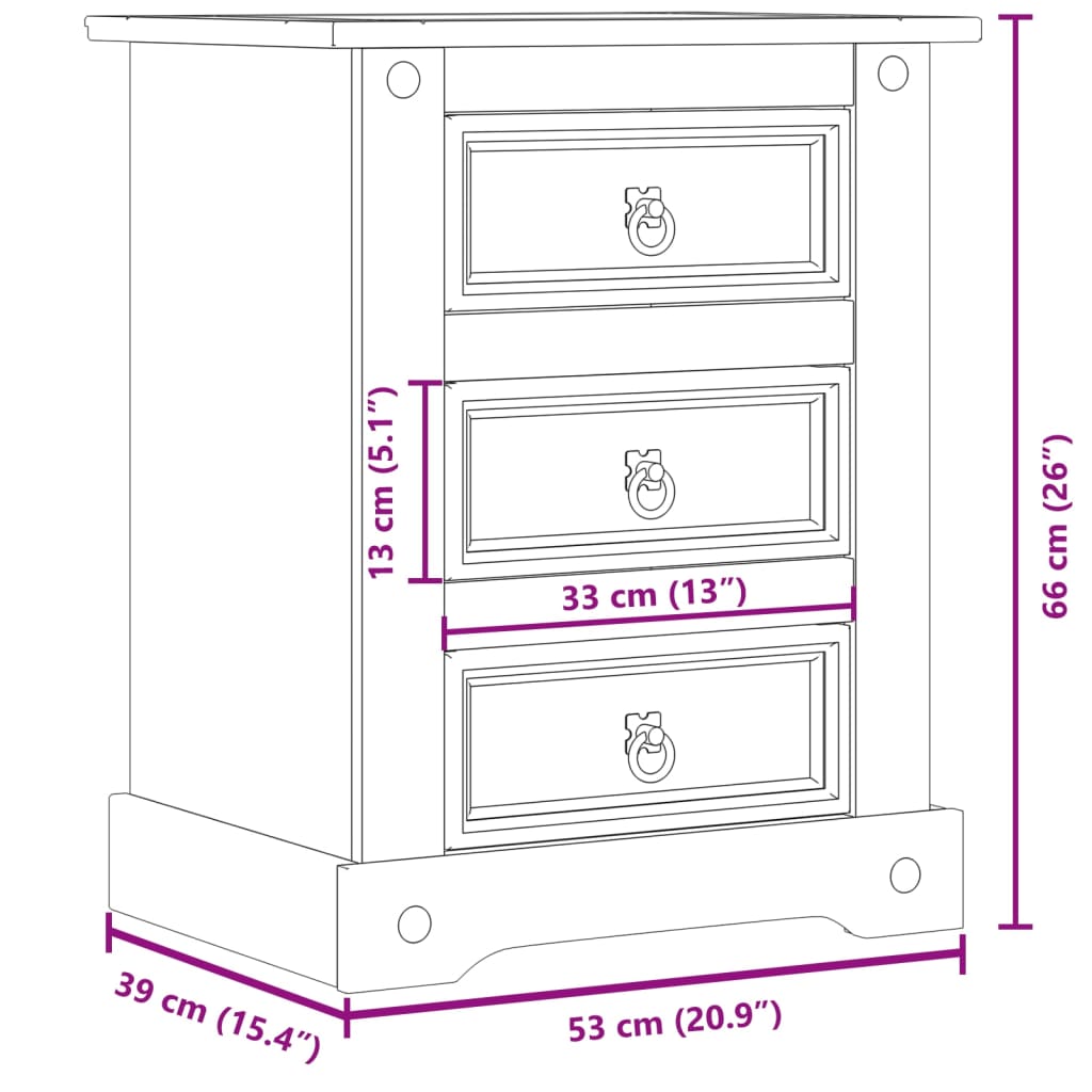 Comodino Corona 53x39x66 cm in Legno Massello di Pino