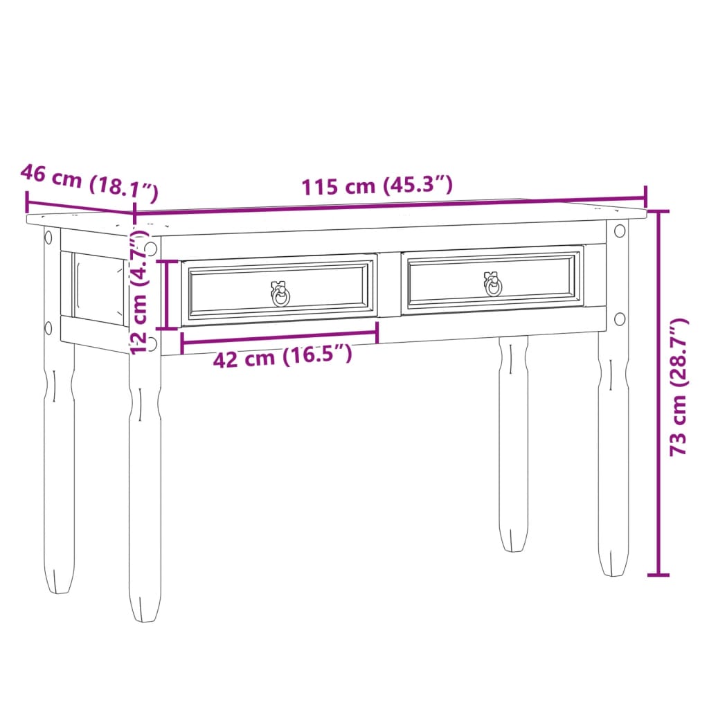 Tavolino Consolle Corona 115x46x73 cm in Legno Massello di Pino
