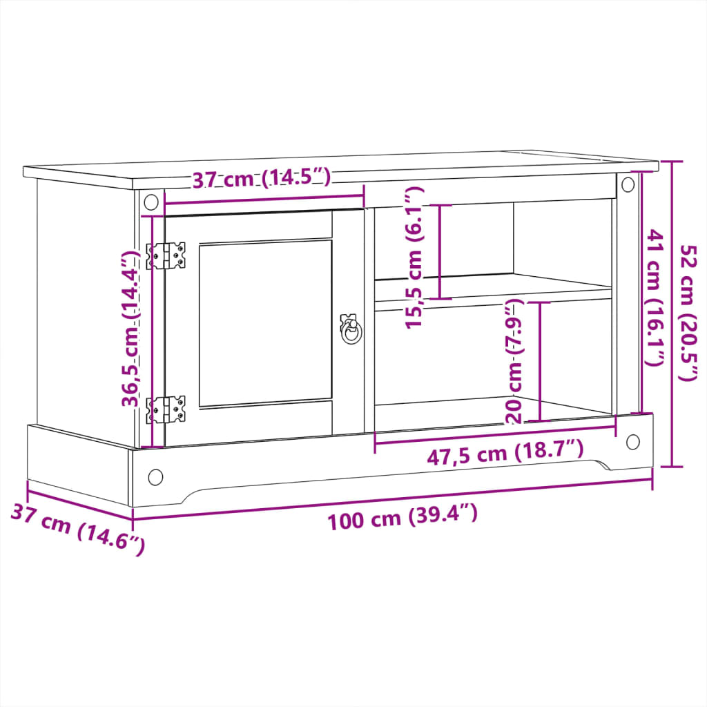 Mobile Porta TV Corona 100x37x52 cm in Legno Massello di Pino