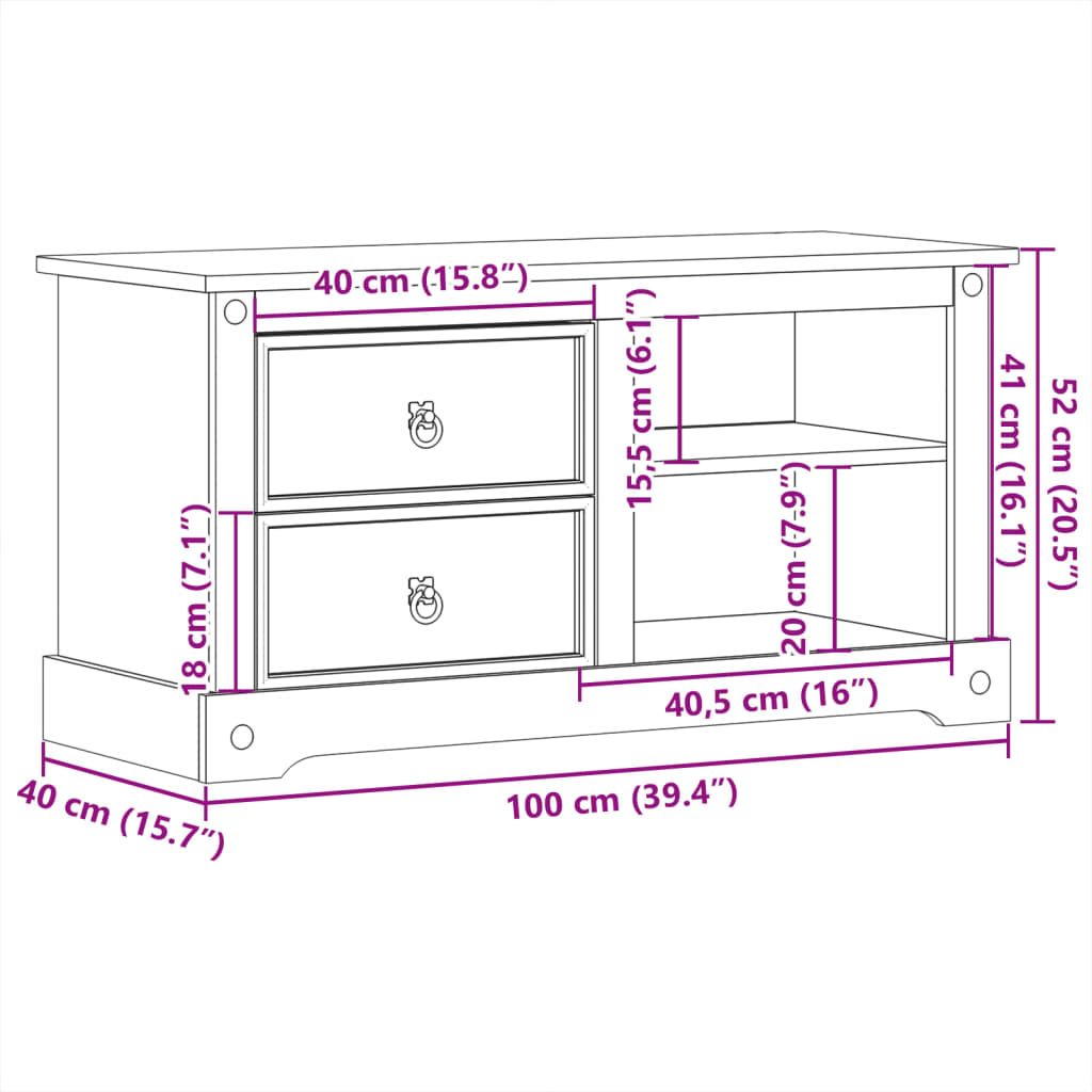 Mobile Porta TV Corona 100x40x52 cm in Legno Massello di Pino