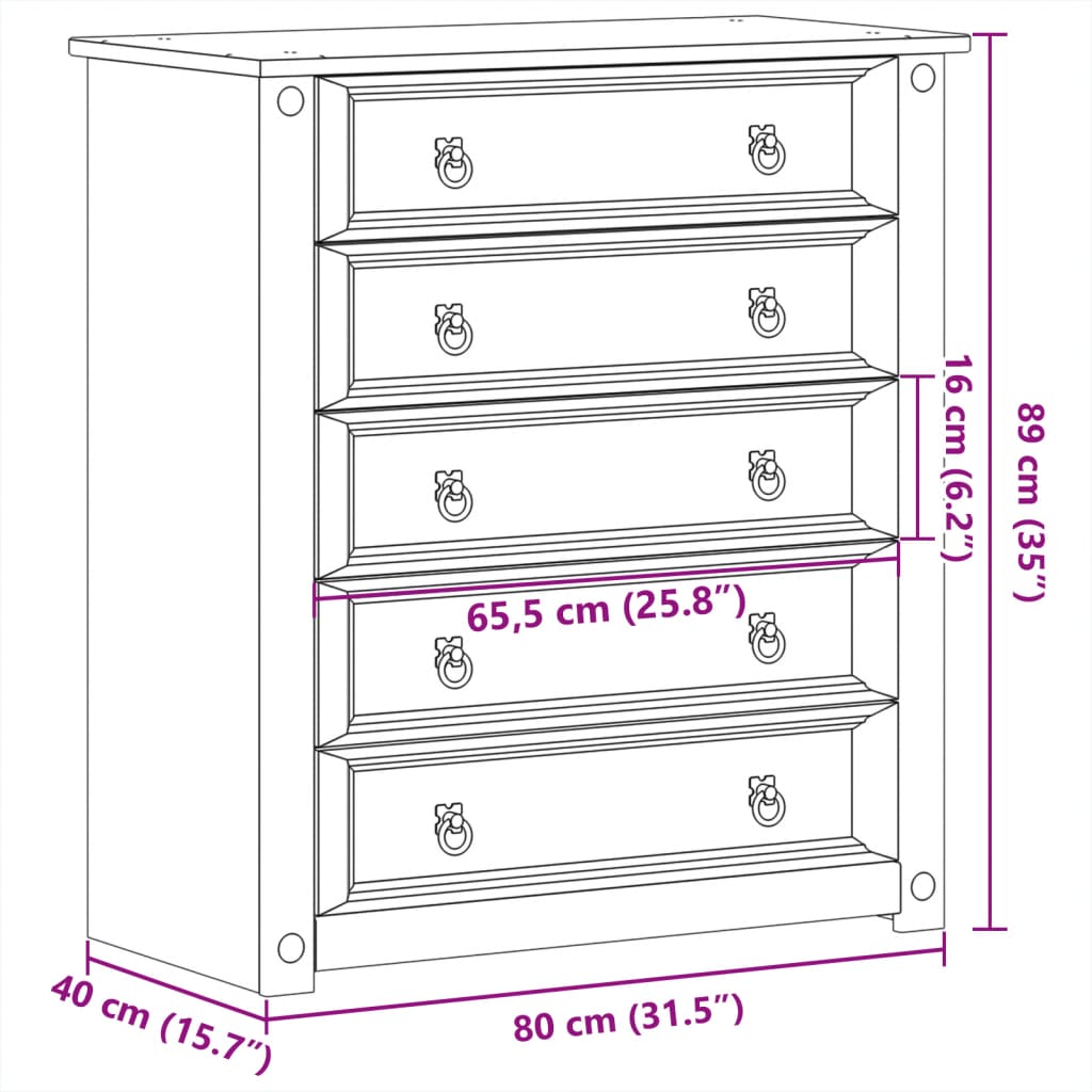 Cassettiera Corona 80x40x89 cm in Legno Massello di Pino