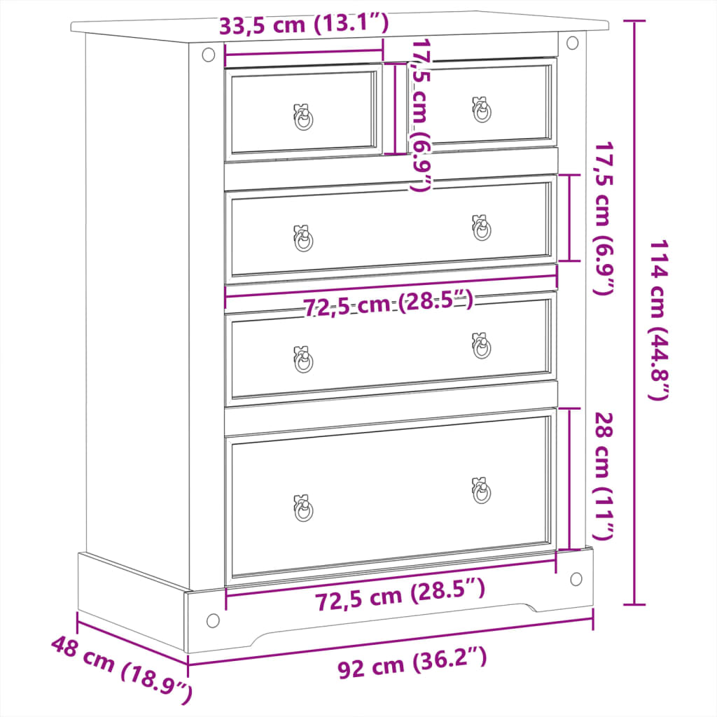 Cassettiera Corona 92x48x114 cm in Legno Massello di Pino