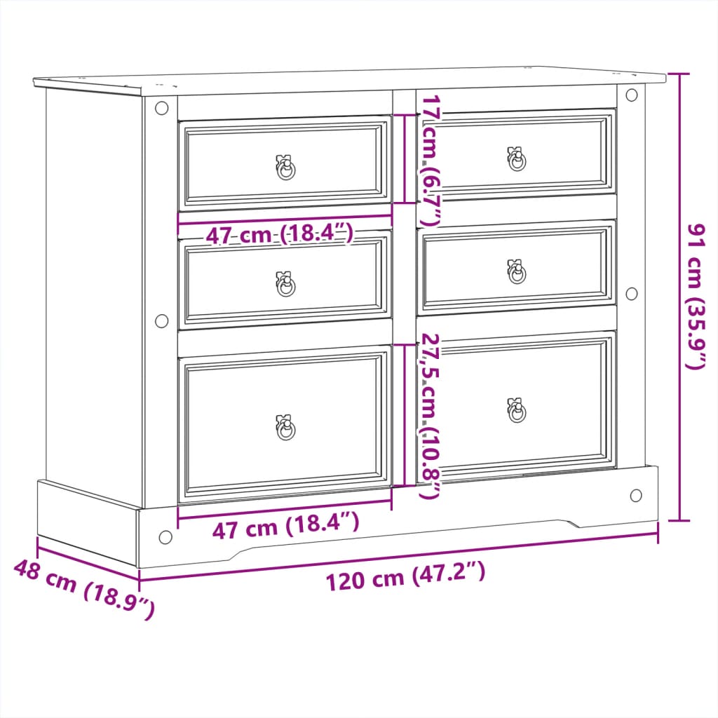 Cassettiera Corona 120x48x91 cm in Legno Massello di Pino - homemem39