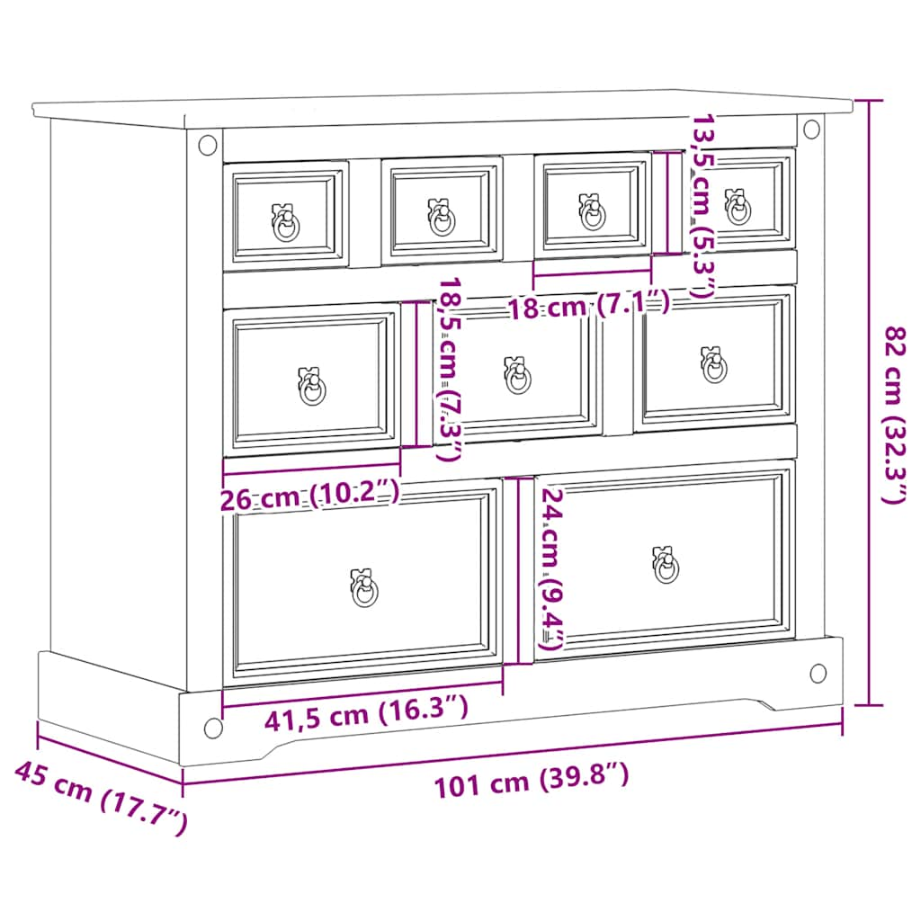 Cassettiera Corona 101x45x82 cm in Legno Massello di Pino