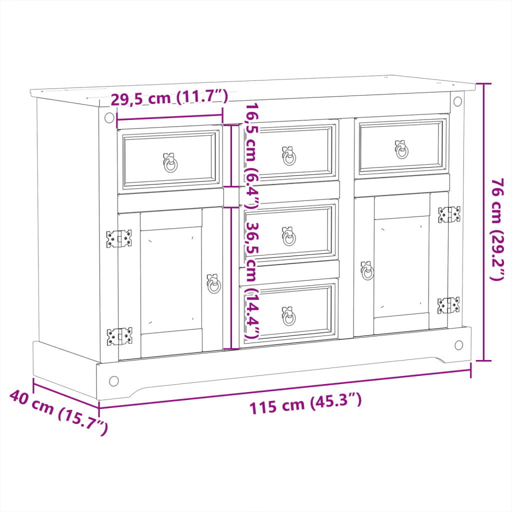 Corona Sideboard 115x40x76 cm in Solid Pine Wood