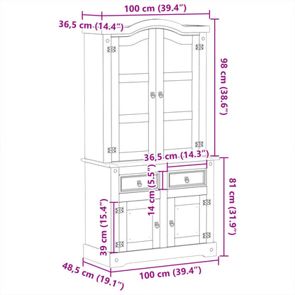 Corona display cabinet 100x48.5x179 cm in solid pine wood