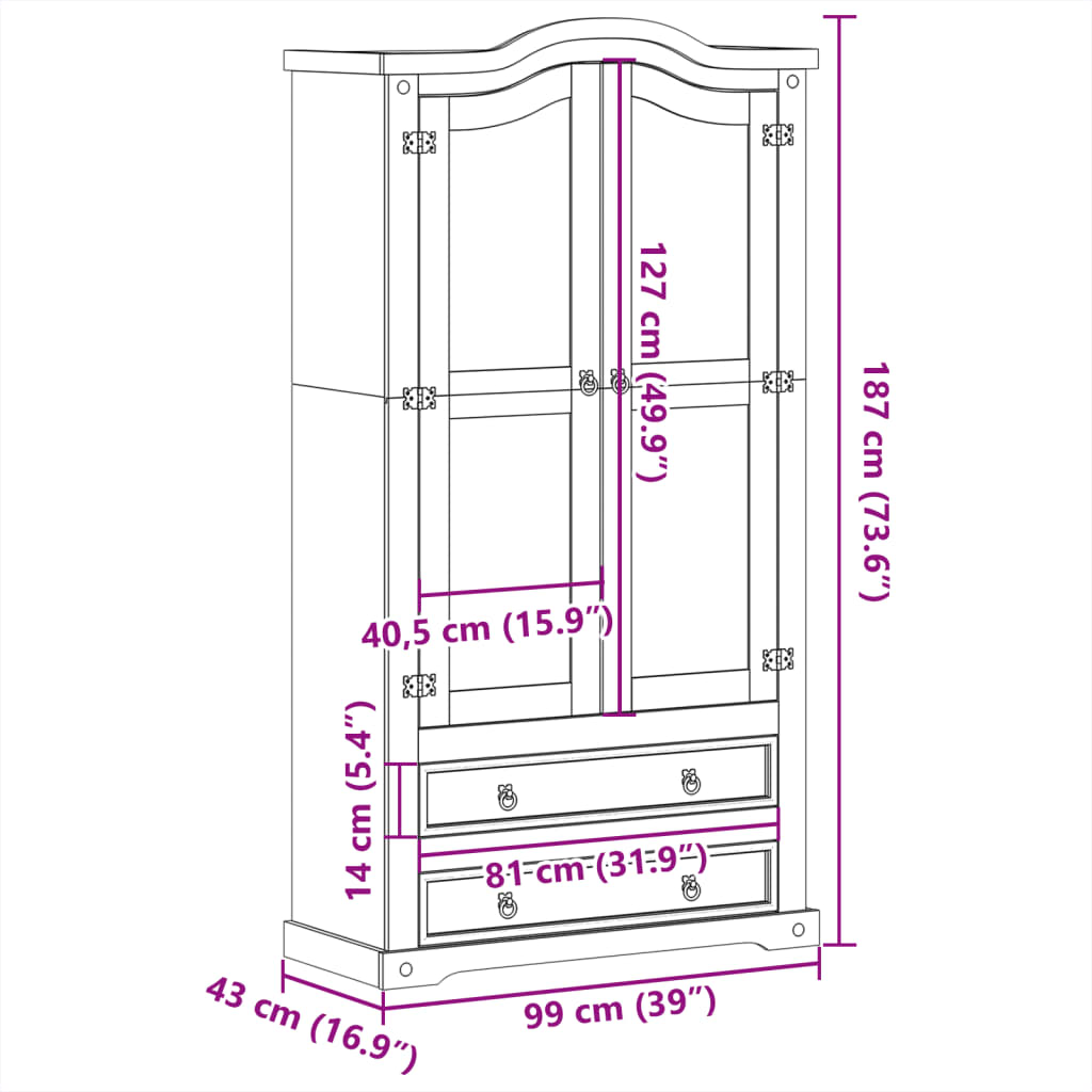 Corona display cabinet 99x43x187 cm in solid pine wood