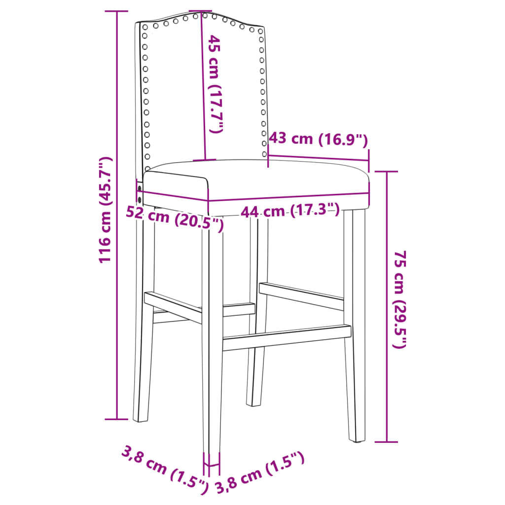 Bar Chairs 2 pcs in Solid Hevea Wood and Fabric