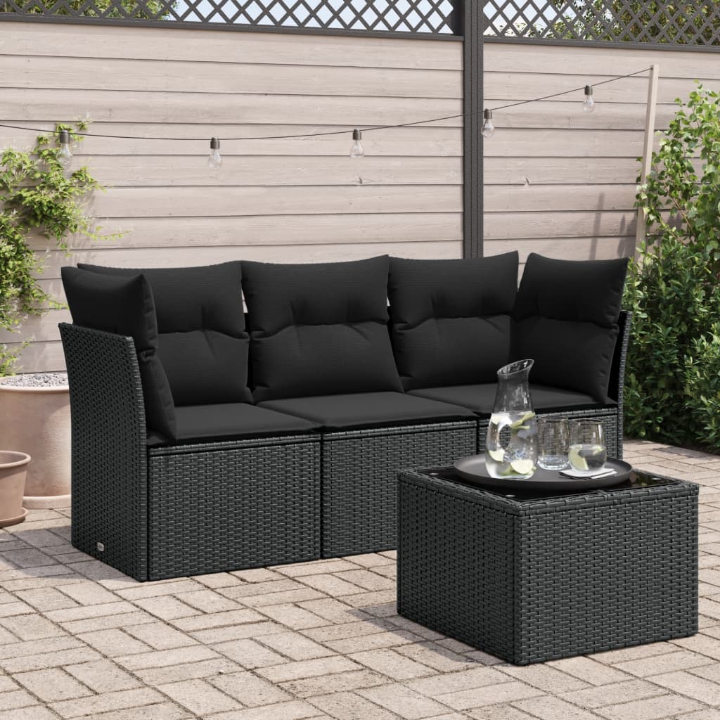 Set Divani da Giardino 4 pz con Cuscini Nero in Polyrattan
