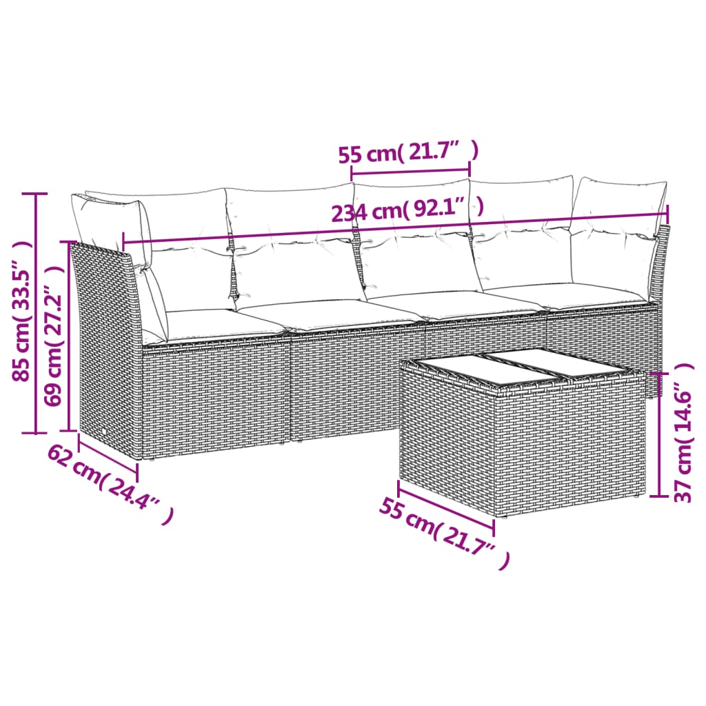Set Divano da Giardino 5 pz con Cuscini Beige in Polyrattan | homemem39