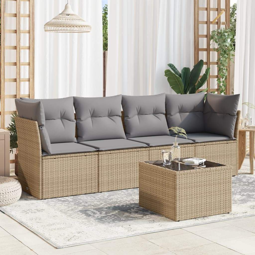 Set Divano da Giardino 5 pz con Cuscini Beige in Polyrattan - homemem39