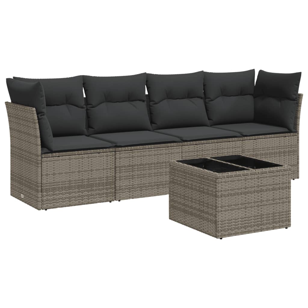 Set Divano da Giardino 5 pz con Cuscini Grigio in Polyrattan