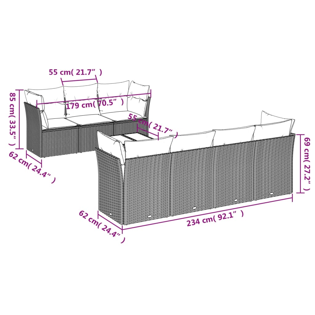 Set Divano da Giardino 8 pz con Cuscini Beige in Polyrattan | homemem39