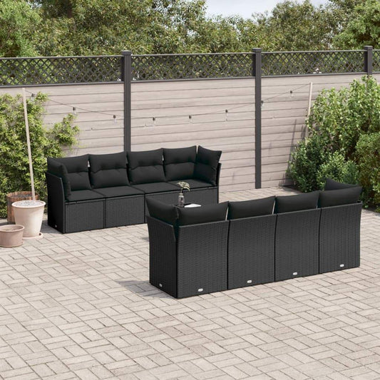 Set Divani da Giardino 9 pz con Cuscini Nero in Polyrattan - homemem39