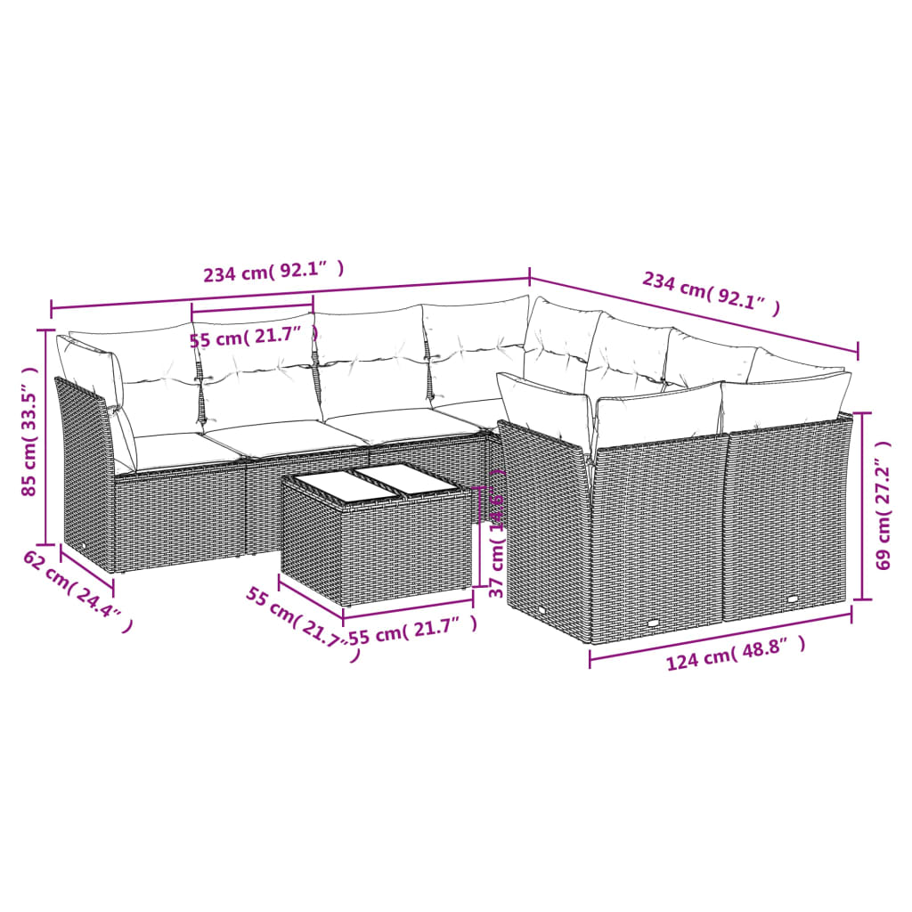 Set Divano da Giardino 9 pz con Cuscini Beige in Polyrattan | homemem39