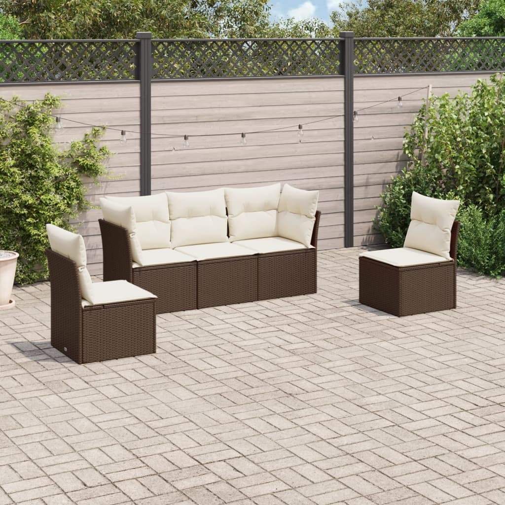 Set Divano da Giardino 5 pz con Cuscini Marrone in Polyrattan - homemem39