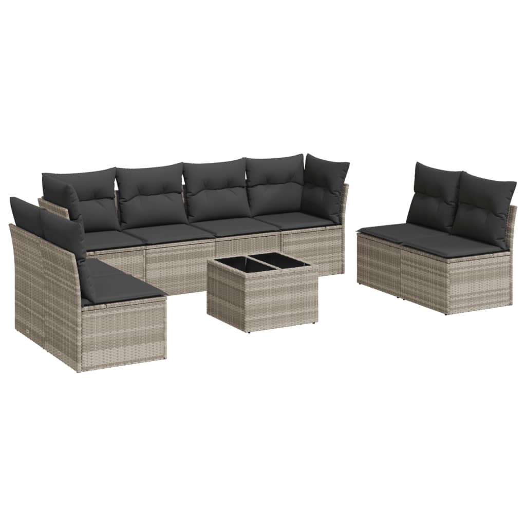 Set Divano da Giardino 9pz con Cuscini Grigio Chiaro Polyrattan