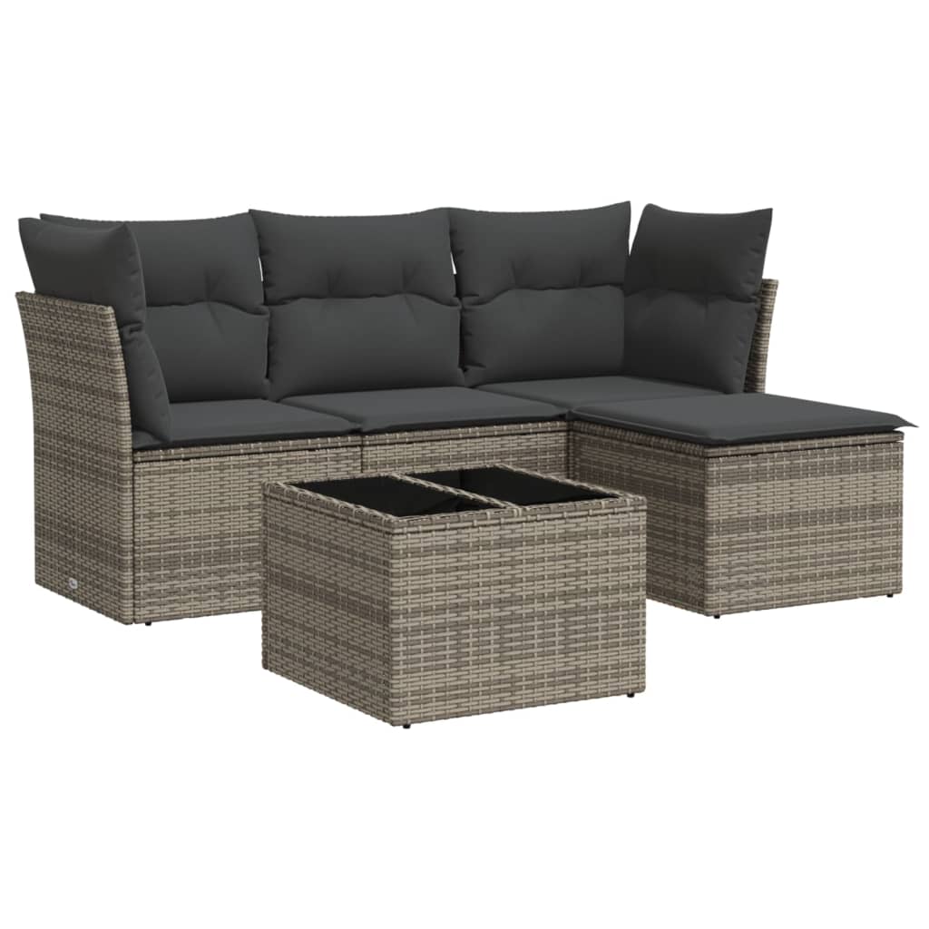 Set Divano da Giardino 5 pz con Cuscini Grigio in Polyrattan