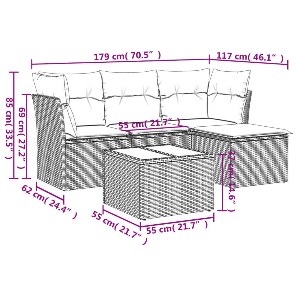 Set Divano da Giardino 5 pz con Cuscini Marrone in Polyrattan - homemem39