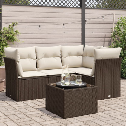 Set Divano da Giardino 5 pz con Cuscini Marrone in Polyrattan