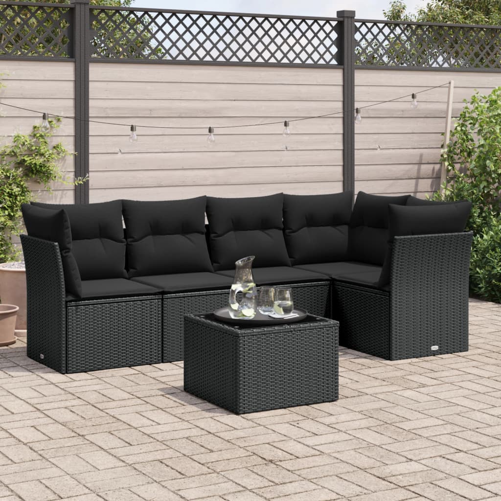 Set Divano da Giardino 6 pz con Cuscini Nero in Polyrattan
