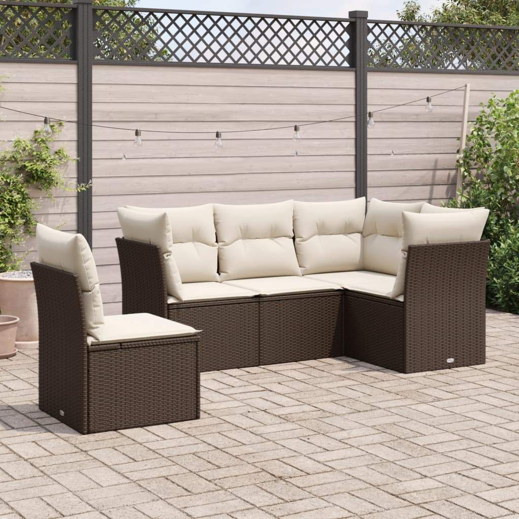 Set Divano da Giardino 5 pz con Cuscini Marrone in Polyrattan - homemem39