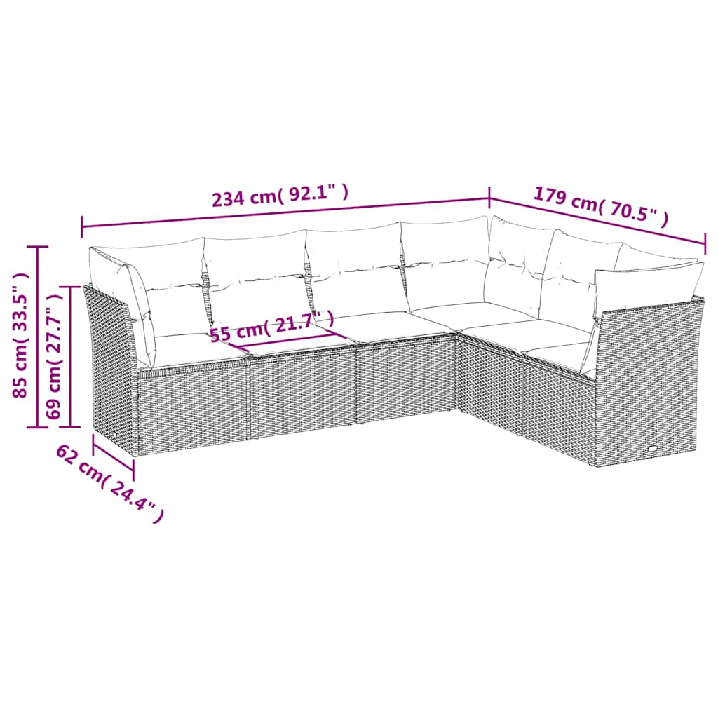 Set Divano da Giardino 6 pz con Cuscini Nero in Polyrattan