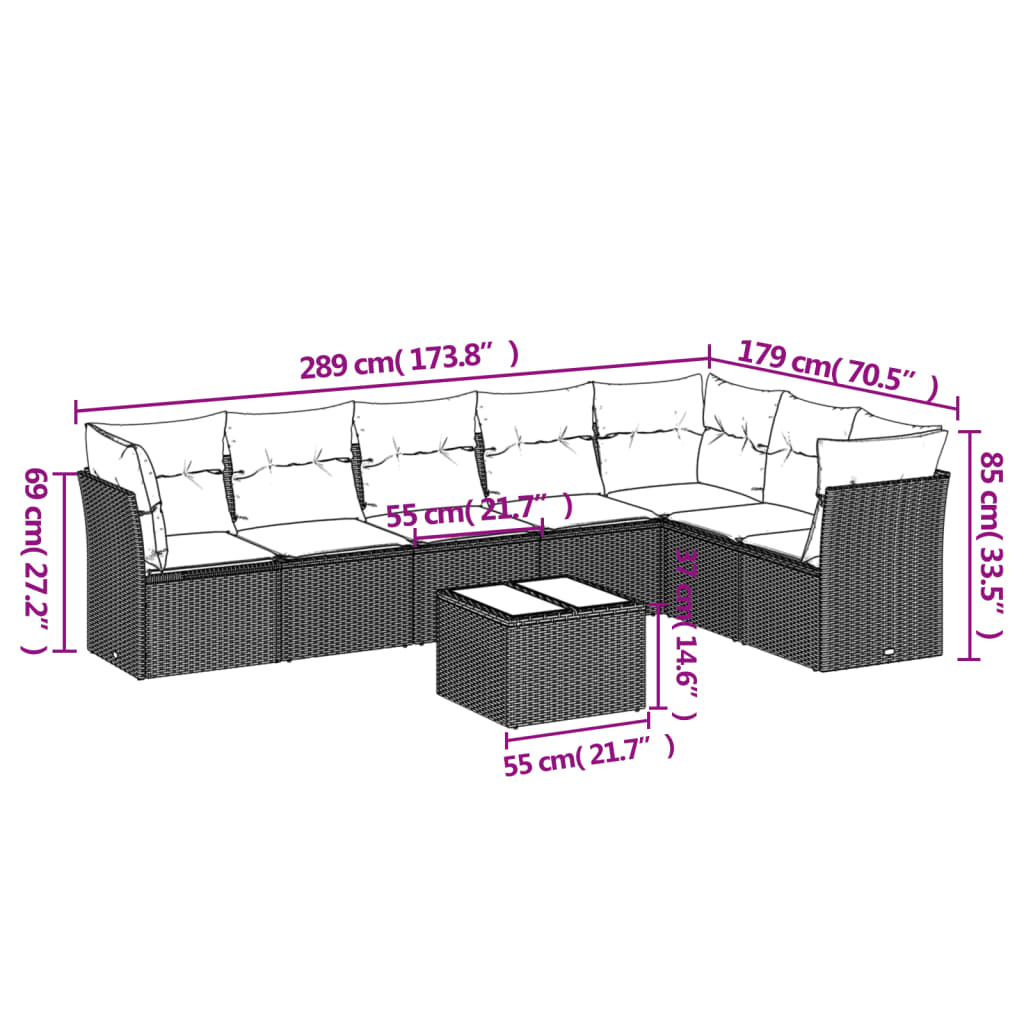 Set Divani da Giardino con Cuscini 8 pz Nero in Polyrattan
