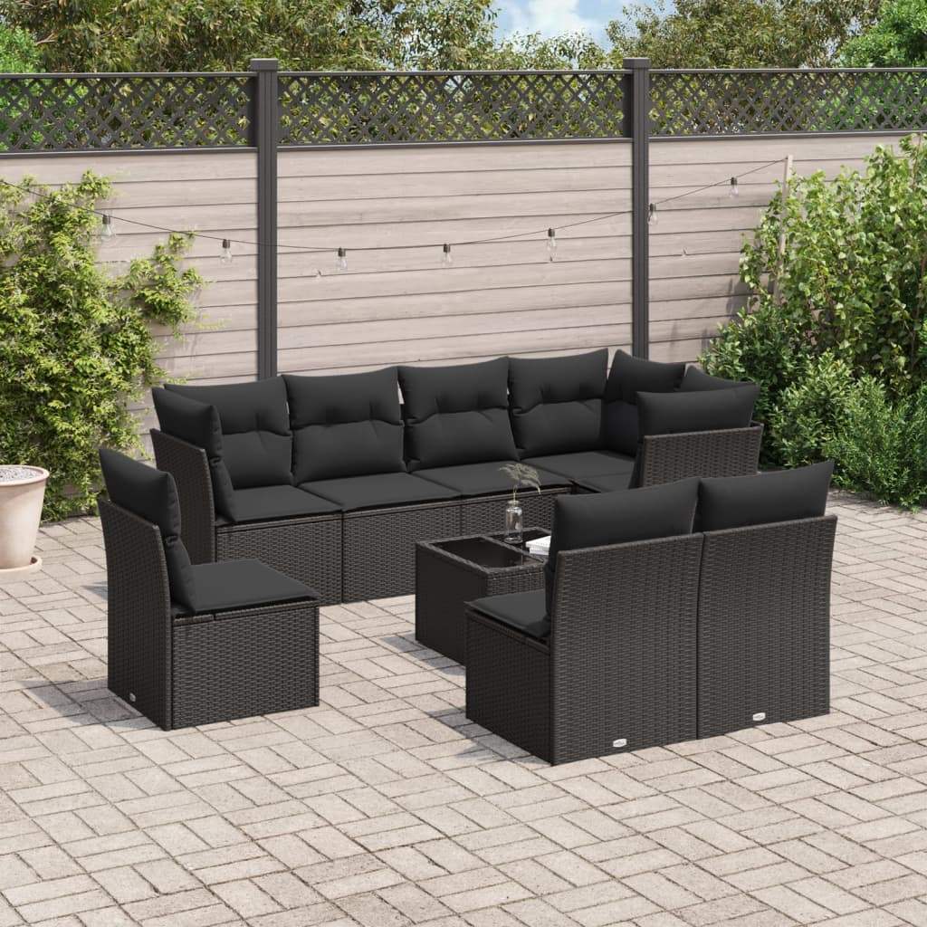 Set Divani da Giardino 9 pz con Cuscini Nero in Polyrattan - homemem39