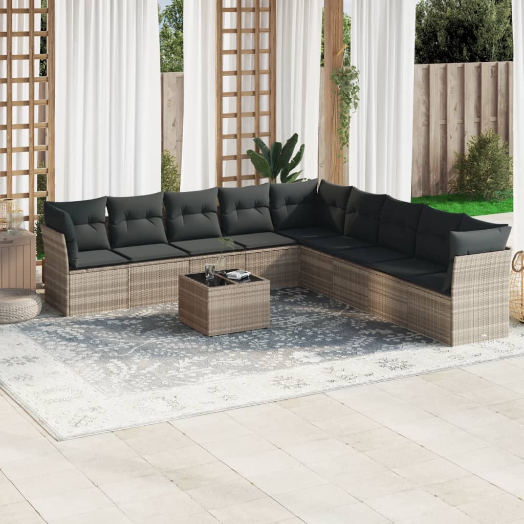 Set Divano Giardino 10 pz con Cuscini Grigio Chiaro Polyrattan