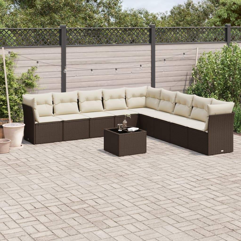 Set Divani da Giardino 10pz con Cuscini in Polyrattan Marrone - homemem39
