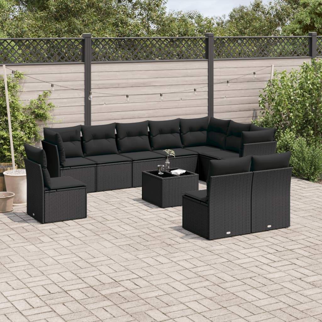 Set Divani da Giardino 11 pz con Cuscini in Polyrattan Nero - homemem39