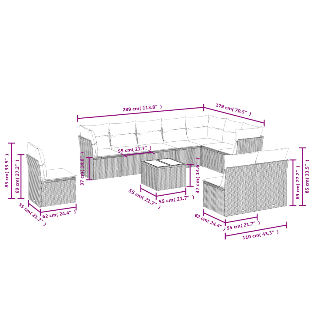 Set Divani da Giardino 11 pz con Cuscini Beige in Polyrattan | homemem39