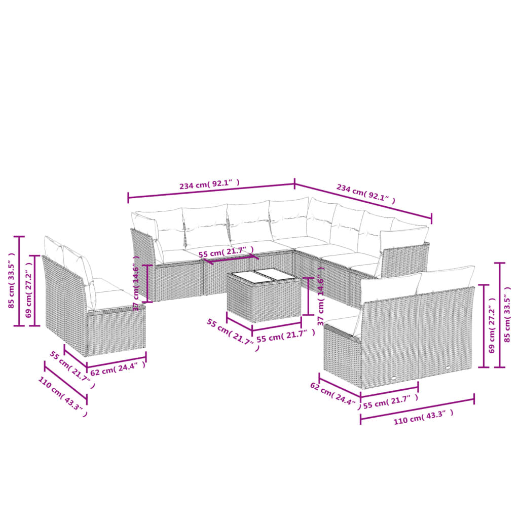 Set Divani da Giardino 12 pz con Cuscini Beige in Polyrattan | homemem39