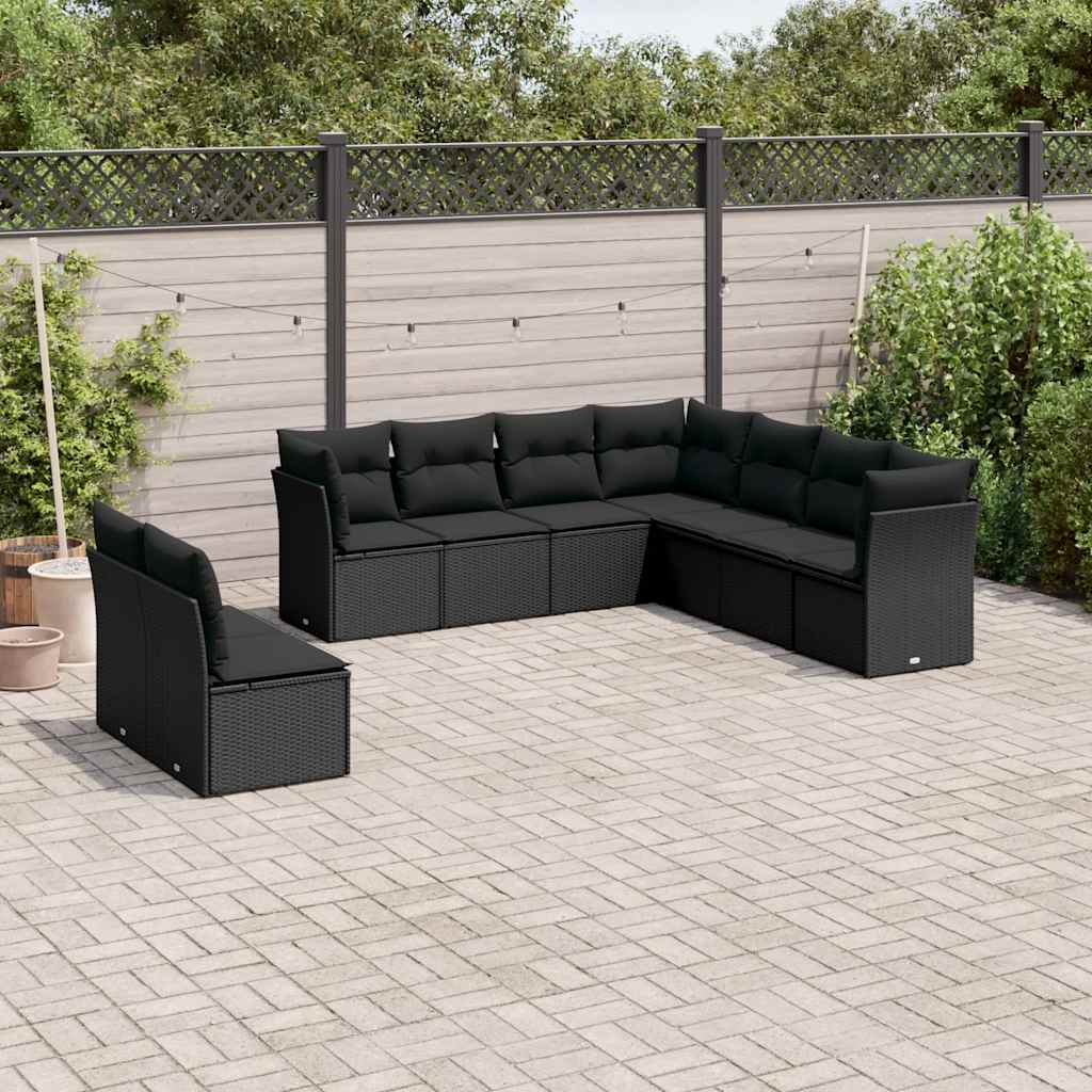 Set Divani da Giardino 9 pz con Cuscini Nero in Polyrattan | homemem39