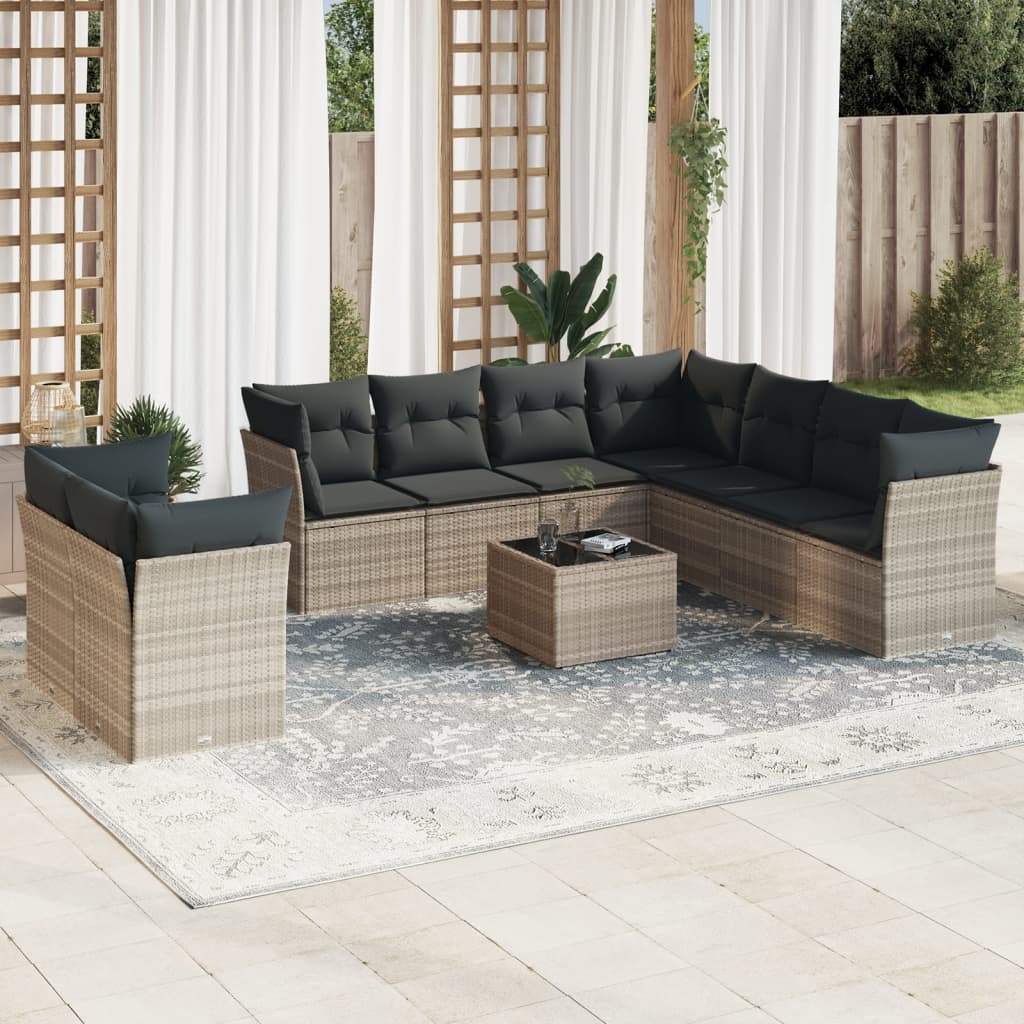 Set Divano Giardino 10 pz con Cuscini Grigio Chiaro Polyrattan - homemem39