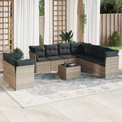 Set Divano Giardino 10 pz con Cuscini Grigio Chiaro Polyrattan