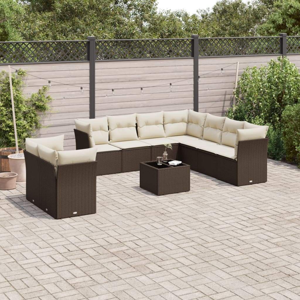 Set Divani da Giardino 10pz con Cuscini in Polyrattan Marrone - homemem39