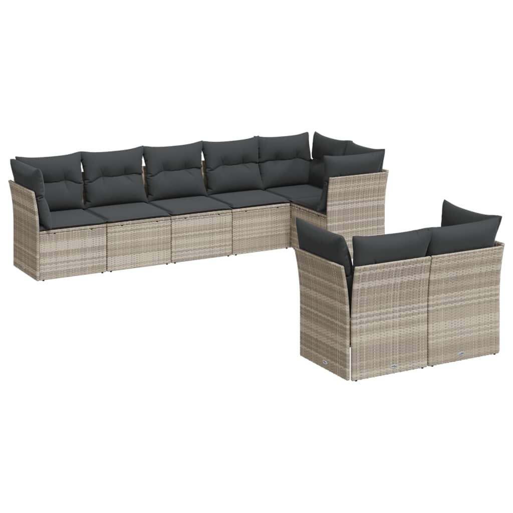 Set Divano da Giardino 8pz con Cuscini Grigio Chiaro Polyrattan