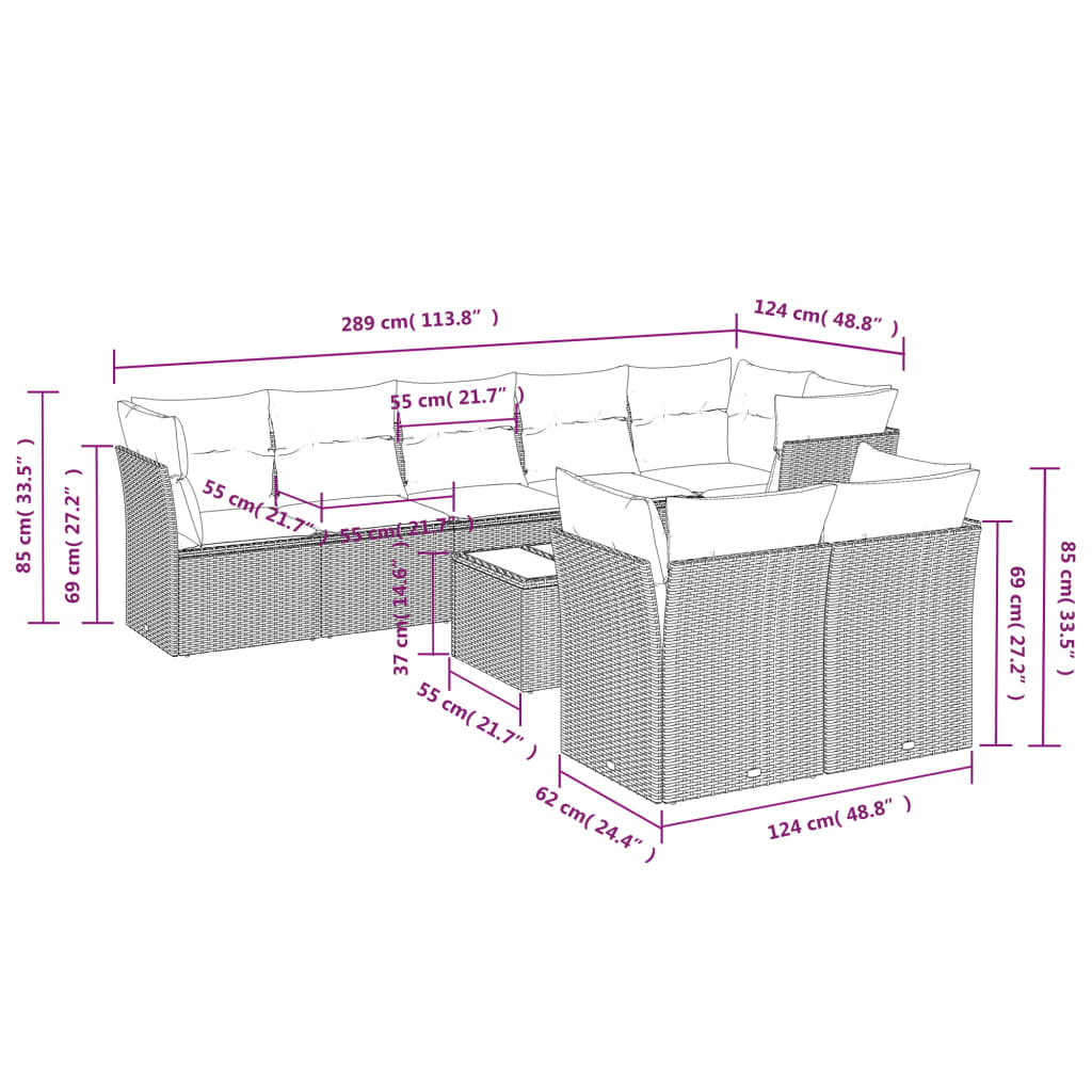 Set Divani da Giardino 9 pz con Cuscini Nero in Polyrattan | homemem39