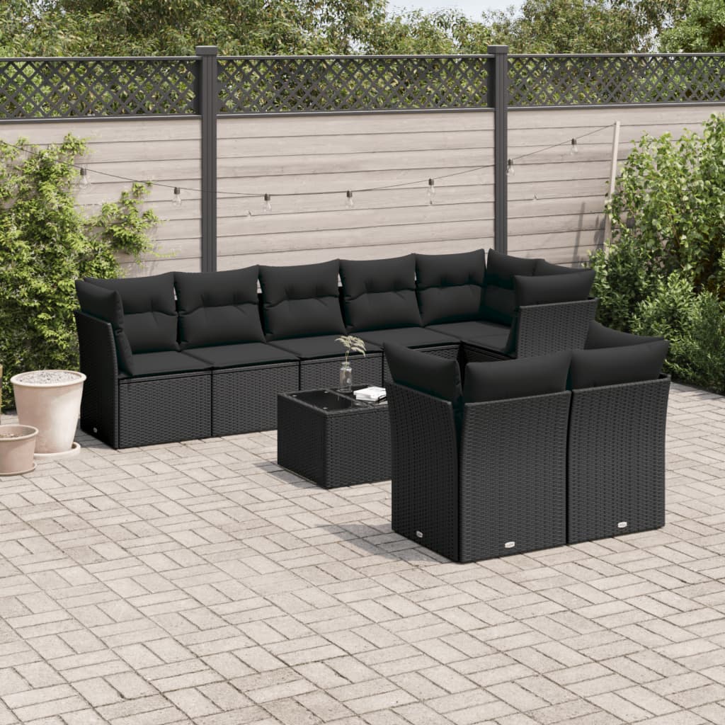 Set Divani da Giardino 9 pz con Cuscini Nero in Polyrattan | homemem39