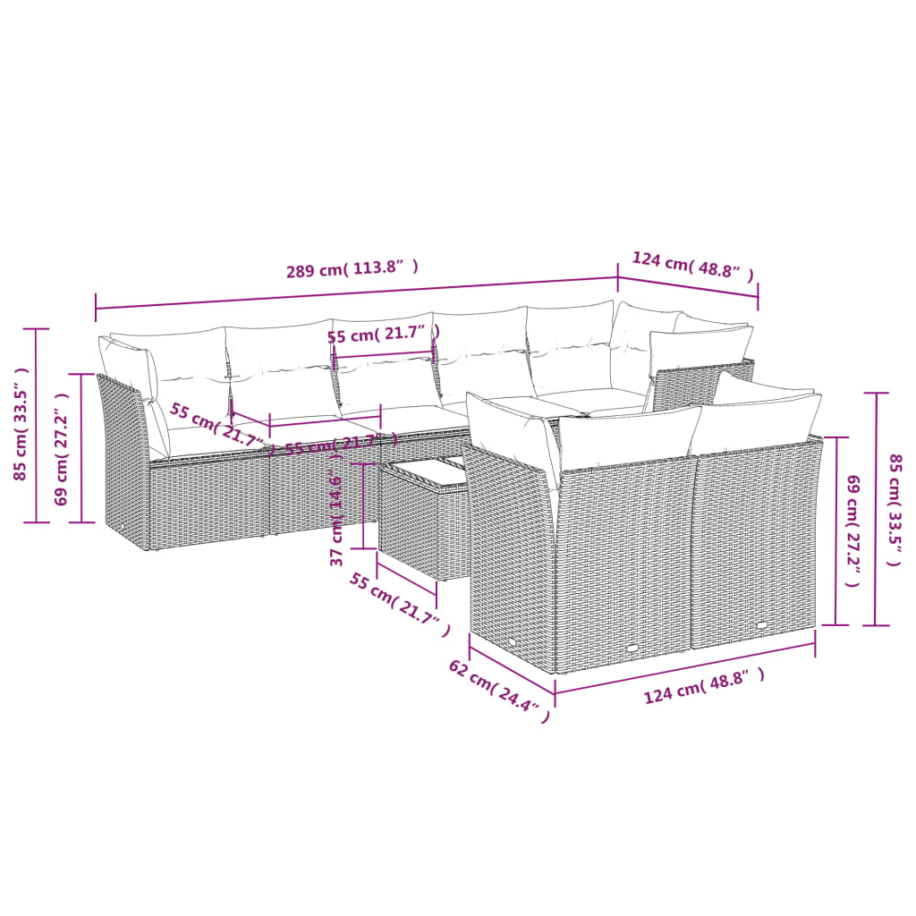 Set Divano da Giardino 9 pz con Cuscini Beige in Polyrattan | homemem39