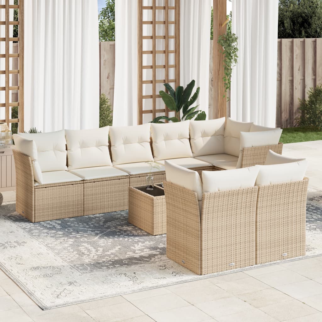 Set Divano da Giardino 9 pz con Cuscini Beige in Polyrattan | homemem39