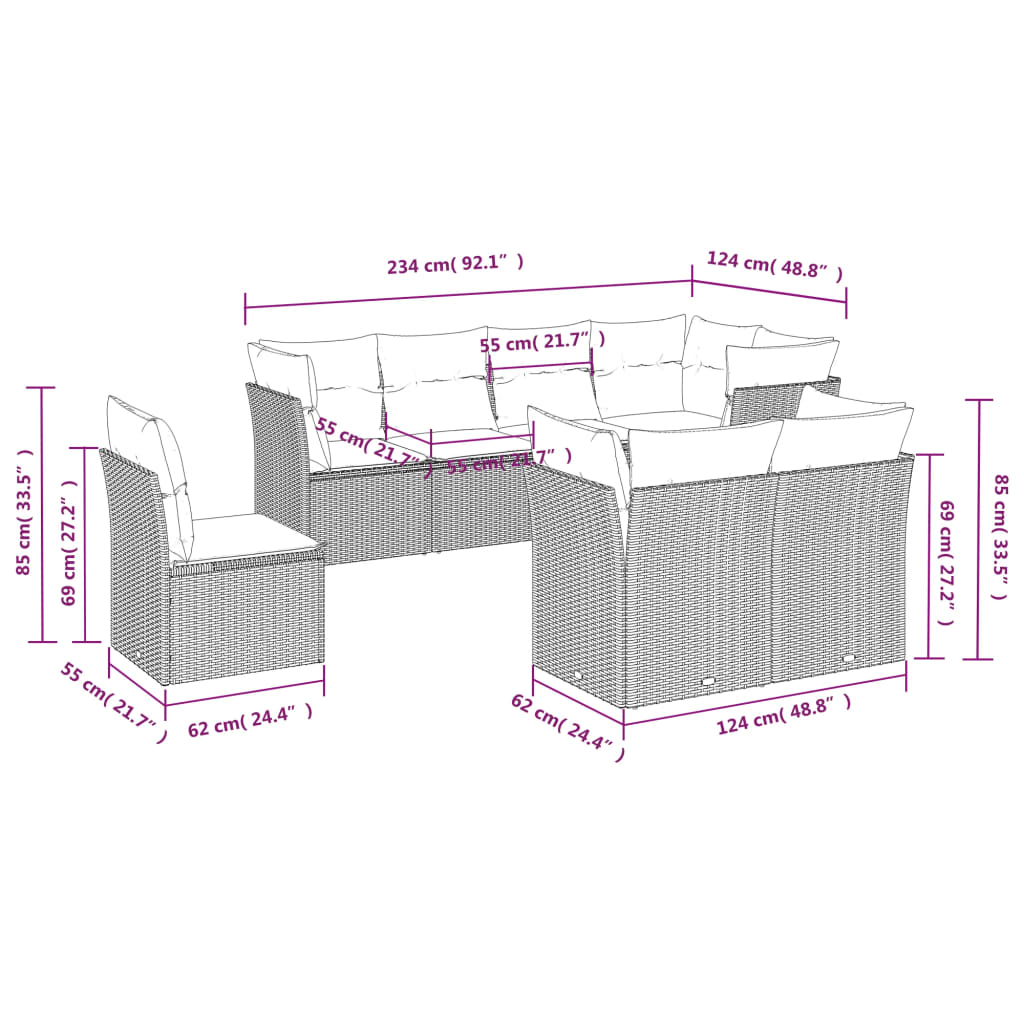 Set Divano da Giardino 8 pz con Cuscini Beige in Polyrattan | homemem39