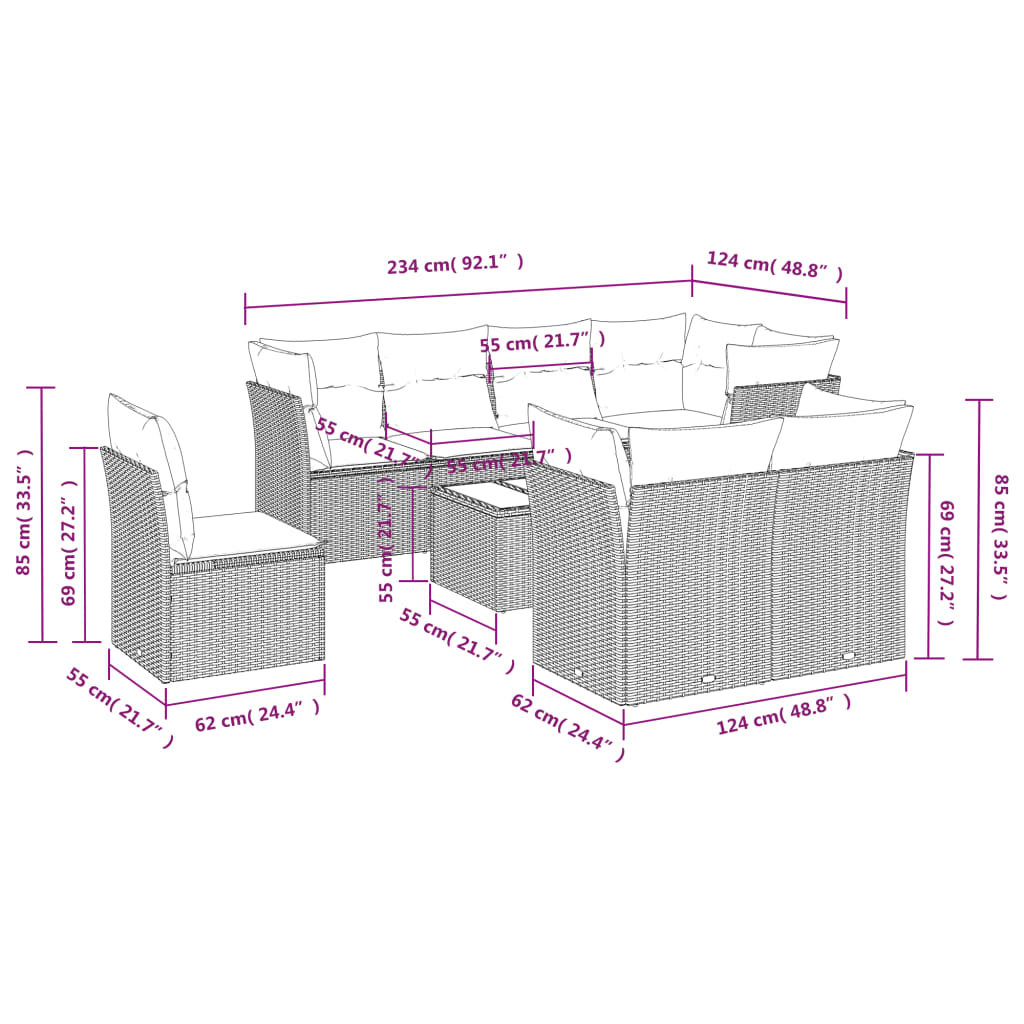 Set Divani da Giardino 9 pz con Cuscini Nero in Polyrattan | homemem39