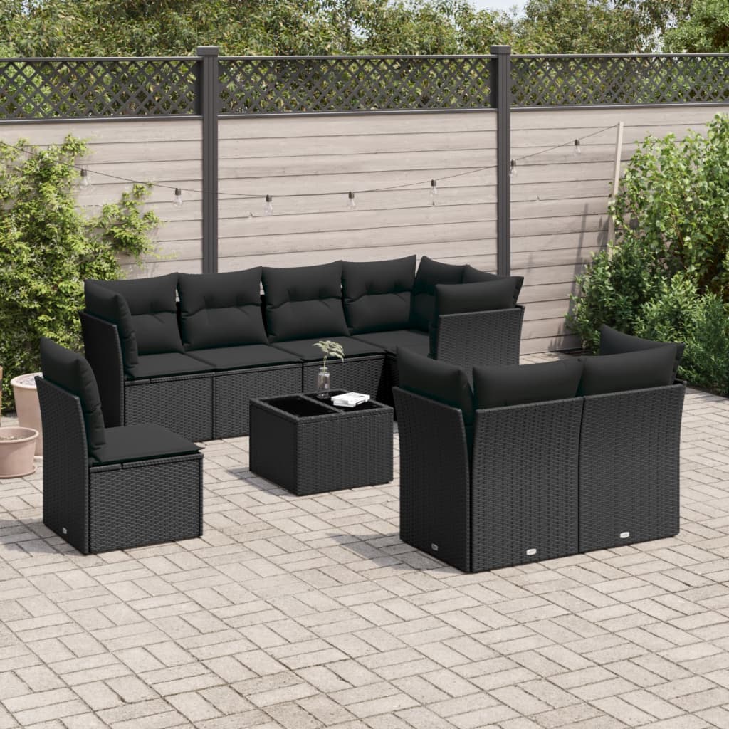 Set Divani da Giardino 9 pz con Cuscini Nero in Polyrattan | homemem39