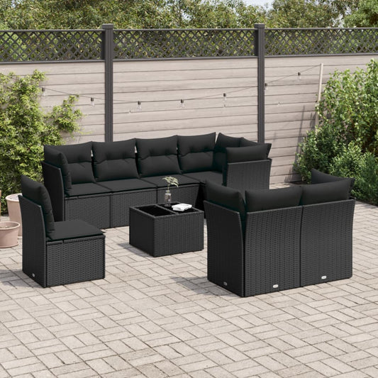 Set Divani da Giardino 9 pz con Cuscini Nero in Polyrattan | homemem39